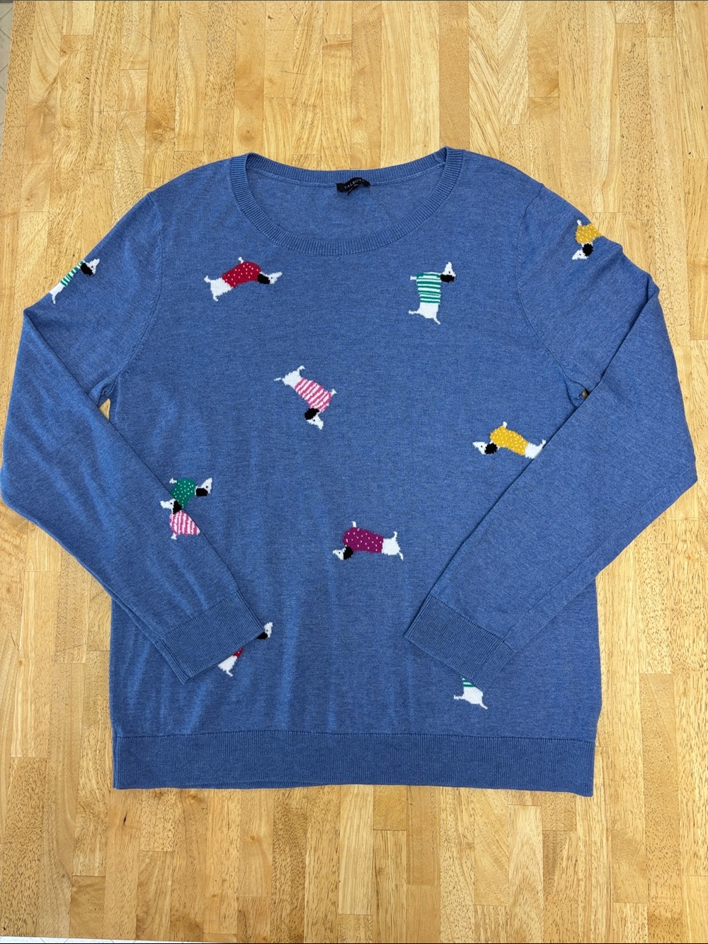 Talbots Tossed Pups Dachshund Dog Knit Crewneck Pullover Sweater Admiral Blue L